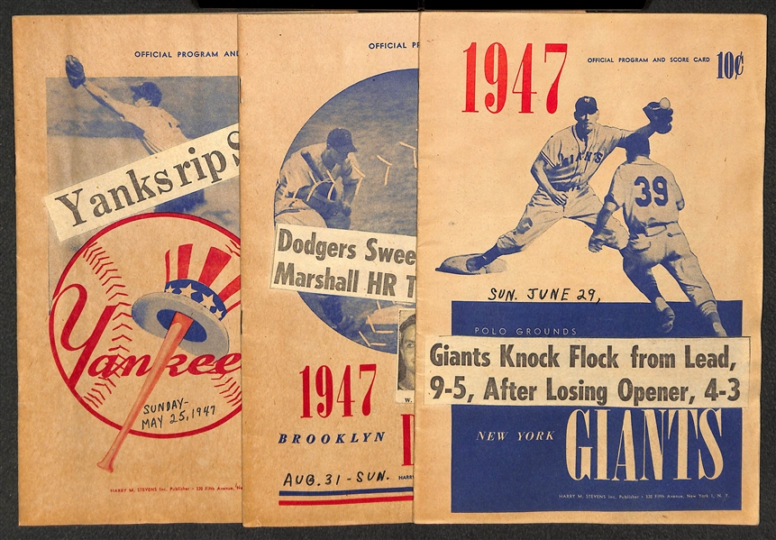 Lot of (3) 1947 Score Cards With Tickets w. Yankees v. Red Sox 5/25/47 (Ted Williams HR #176); Dodgers 8/31/47 (Jackie Robinson Rookie Year - had 3 Runs); Giants 6/29/47.  All 3 w. Clippings and...